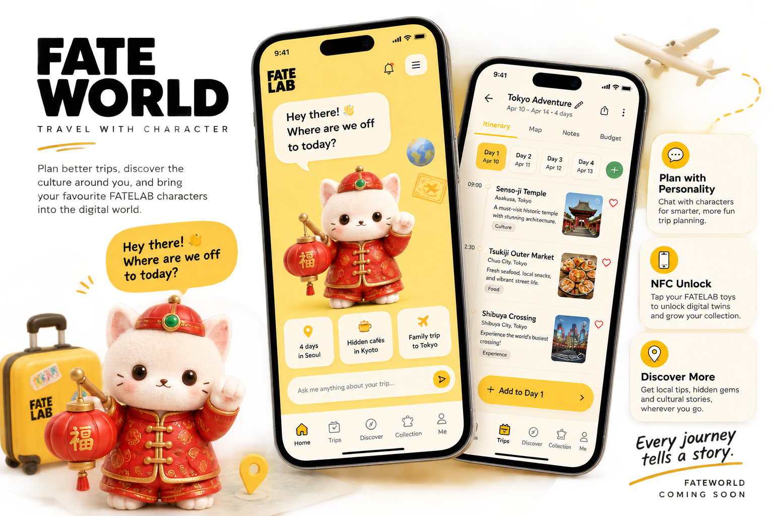FATEWORLD — travel with character. App screens with Zhao Cai Mao and feature highlights.