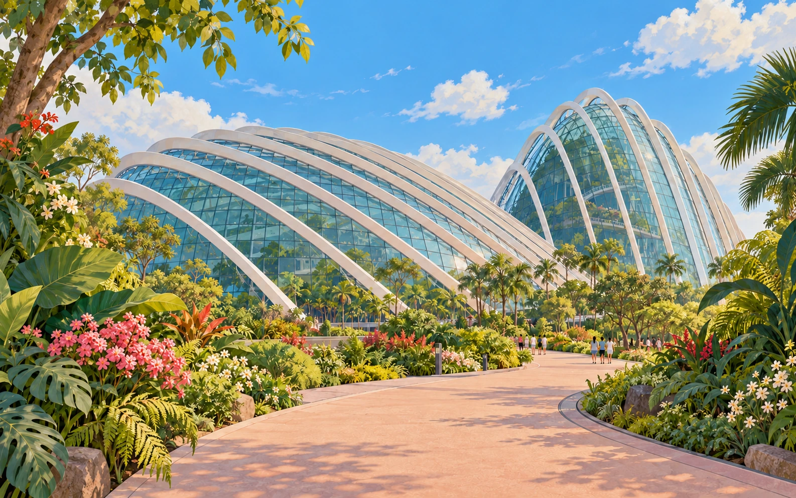 Ground-level illustration of the Flower Dome and Cloud Forest at Singapore's Gardens by the Bay, with curved glass conservatories, tropical planting and visitors on the garden path.