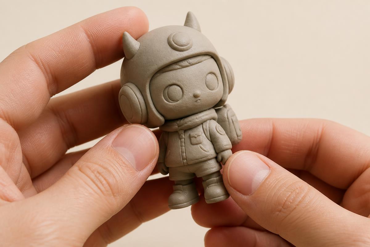 A hand holding a small unpainted prototype figure